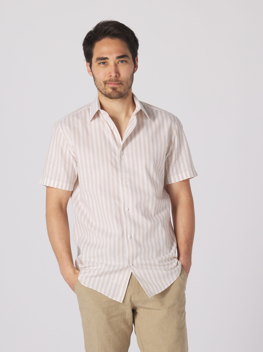 Yarn Dye Stripe Print Casual Shirt - Tan - TF255
